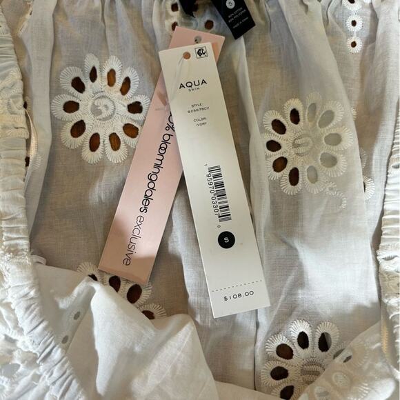 NWT Aqua Swim Ivory White Cotton Eyelet Floral Peasant Off The Shoulder Dress S - Picture 5 of 7